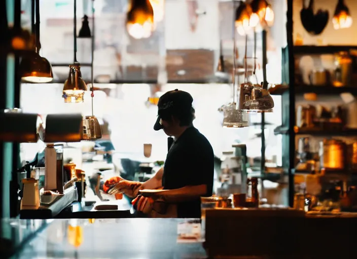 Image similar to a 3 5 mm photo of a person behind the counter of a cafe in the morning, bokeh, canon 5 0 mm, cinematic lighting, film, photography, golden hour, depth of field, award - winning