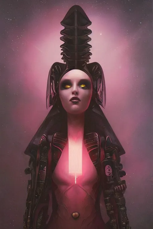 Prompt: a dramatic lighting photo of an elegant alien queen, vaporwave colors, goth vibe, kawaii vibe, moody aesthetic, artgerm, tom bagshaw, gerald brom,