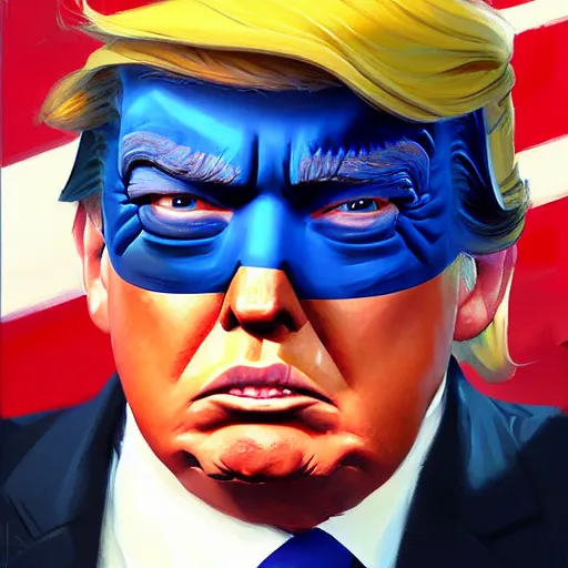 Prompt: greg manchess portrait painting of donald trump as overwatch character, medium shot, asymmetrical, profile picture, organic painting, sunny day, matte painting, bold shapes, hard edges, street art, trending on artstation, by huang guangjian and gil elvgren and sachin teng