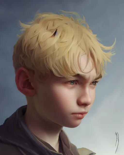 Image similar to 1 5 - year - old boy with blonde hair, round - face, and slightly buck - toothed, highly detailed, digital painting, artstation, concept art, smooth, sharp focus, illustration, art by artgerm and greg rutkowski and alphonse mucha