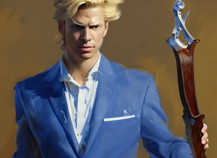 Image similar to greg manchess portrait painting of a blond man in a blue suit with a sword and a pistol, asymmetrical, profile picture, organic painting, sunny day, matte painting, bold shapes, hard edges, street art, trending on artstation, by huang guangjian, gil elvgren, ruan jia, randy vargas, greg rutkowski