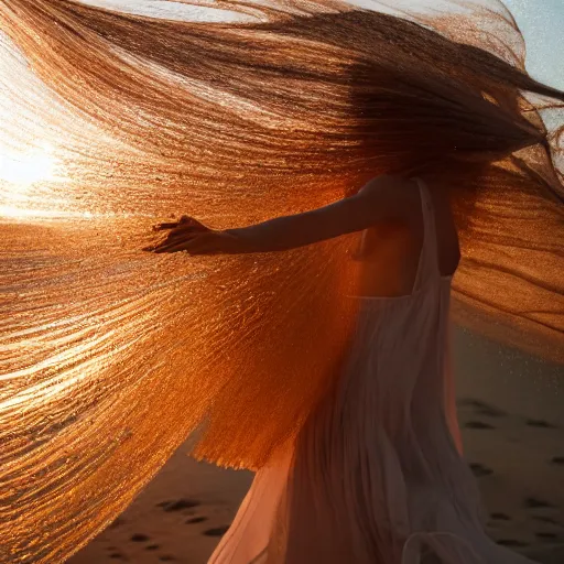 Image similar to filmstill photography of female body covered with curly white translucent blanket blowing in wind, acrylic liquid colors, luxurious supermodel photoshooting, golden jewelry, bokeh, godrays, strong wind, wrinkles, sunrays, sunset, lens flares, cold colors, sand dunes