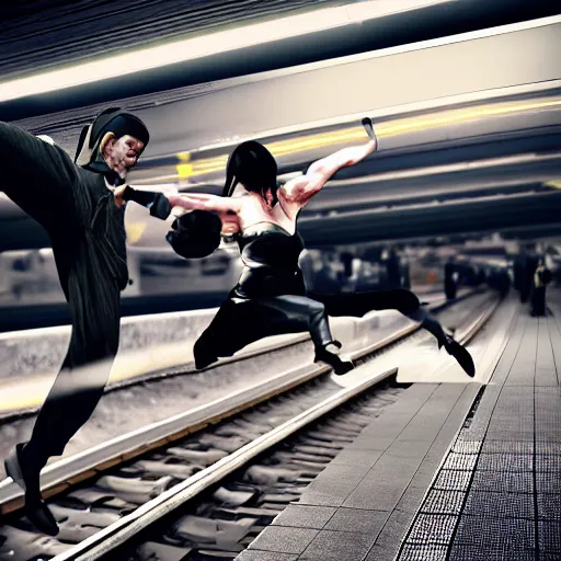 Image similar to man spartan kicking woman off train, cyberpunk, subway station, realistic, sharp, clear