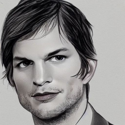 Prompt: matte drawing derogative detailed portrait of ashton kutcher