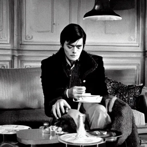 Prompt: Still of Alain Delon holding a madeleine and a cup of tea in the 1973 film by Luchino Visconti In search of Lost Time