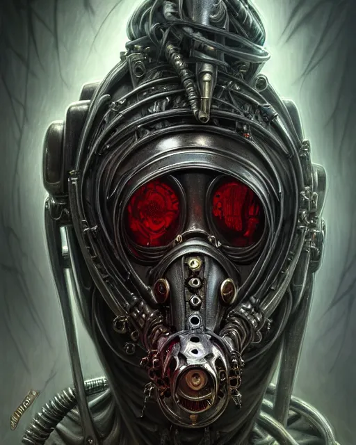 Image similar to front shot of a cyberpunk hooded dead biomechanical demon in gasmask mastermind character, intricate, elegant, highly detailed, centered, (((artstation, concept art, smooth, sharp focus, artgerm, Tomasz Alen Kopera, Peter Mohrbacher, donato giancola, Joseph Christian Leyendecker, WLOP, Boris Vallejo))), mugshot!!!!!, ugly!!!!!!, octane render, nvidia raytracing demo, grainy, muted