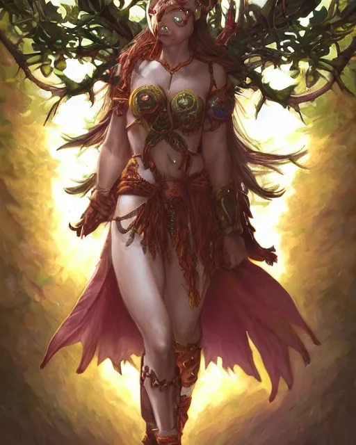 Prompt: innocent cute Tiefling Druid with long horns, colorful leaves on light leather armor, glowing tree staff, light-brown skin, highly detailed, digital painting, artstation, concept art, sharp focus, illustration, art by artgerm and greg rutkowski and alphonse mucha