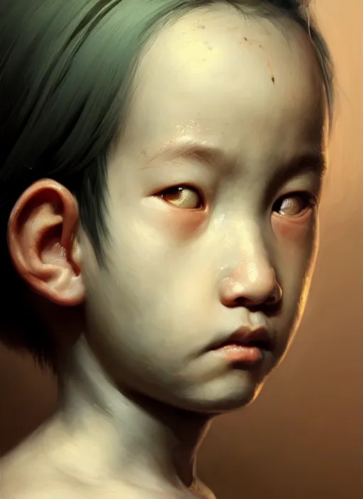 Image similar to a portrait of an oriental sage child with an enormously large head, an ancient pale sage child with subtle paint on face, highly detailed, digital painting, artstation, concept art, intricate, elegant, smooth, sharp focus, art by wlop, mars ravelo and greg rutkowski and craig mullins