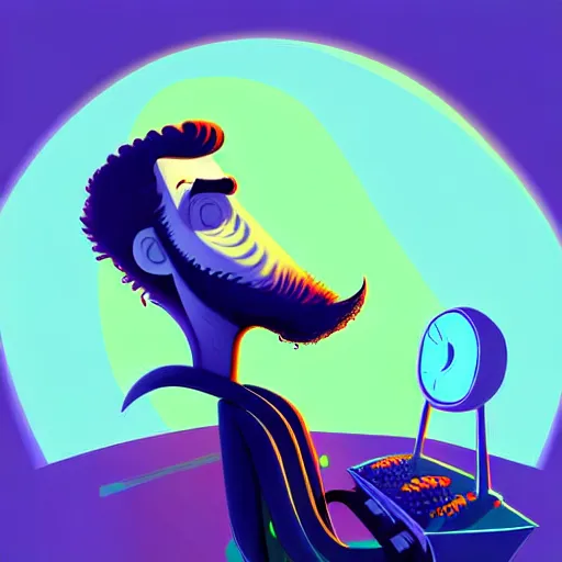 Prompt: curled perspective digital art of curly grey hair bearded man with big nose using a computer by anton fadeev from nightmare before christmas