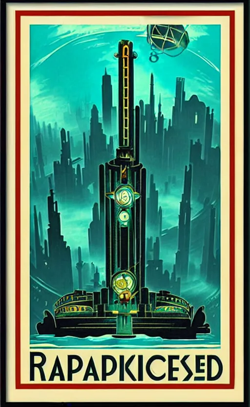 Image similar to art deco travel poster of the underwater city of rapture from bioshock, framed poster