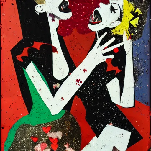 Image similar to two vampire women kissing at a carnival, mixed media collage, retro, paper collage, magazine collage, acrylic paint splatters, bauhaus, abstract claymation, layered paper art, sapphic visual poetry expressing the utmost of desires by jackson pollock