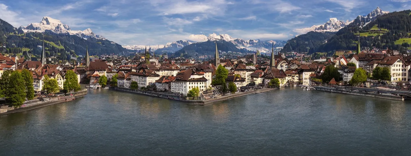 Image similar to Photo of Zurich, looking down the Limmat at the lake and the alps, Hardturm, Grossmünster, wide angle, volumetric light, hyperdetailed, mountain water, artstation, cgsociety, 8k