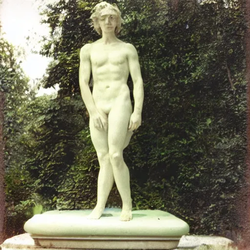 Prompt: a close-up color studio photo of an antic marble statue of Evgeniy Shwartz, surrounding by foliage, dreamy autochrome pinhole photography,