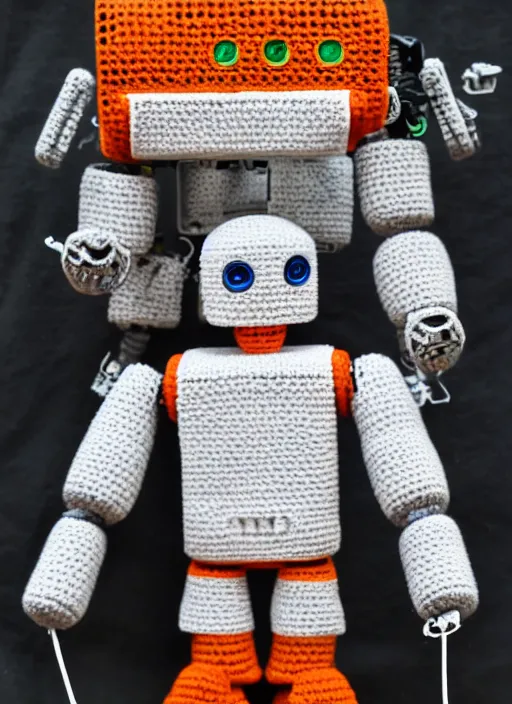 Image similar to a crochet mecha robot, very detailed, Sigma 30 mm f/1.4