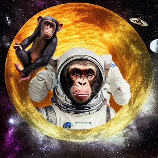 Image similar to double exposure portrait of astronaut and a chimpanzee astronaut with space and time in the the background by davinci, circles, psychedelic, pencil art, high definition, dynamic lighting stars, sharpness, golden ratio