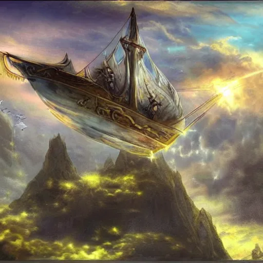 Image similar to ( magic skyship ) flying over ( fantasy landscape ), highly detailed, beautiful