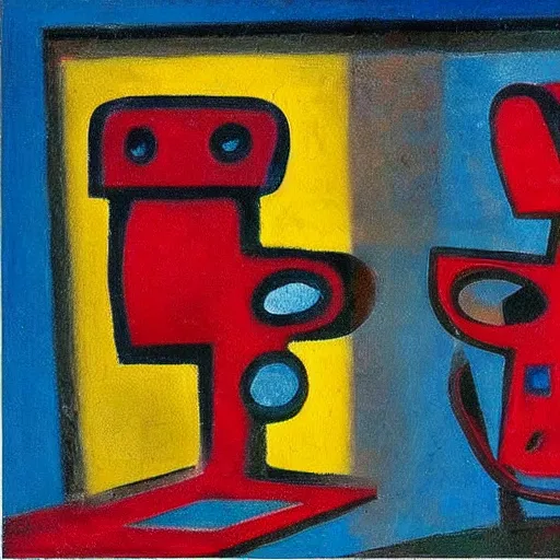 Image similar to Oil painting by Rufino Tamayo. Mechanical gods with bird faces kissing. Oil painting by Willem de Kooning.