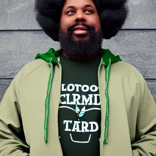 Image similar to photograph of a gigantic black man with afro hair and beard stubble wearing an adidas army green jacket, looming over dublin