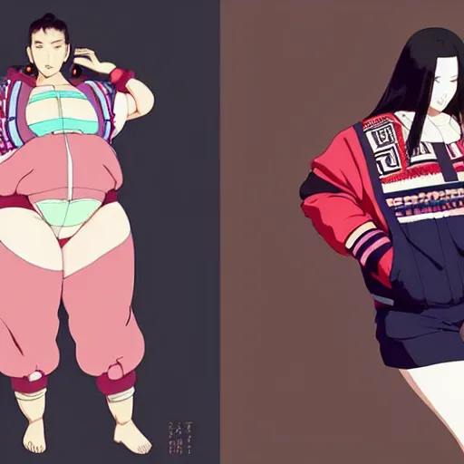 Image similar to a beautiful plus sized model japanese natalie portman, alluring, wearing oversized mayan bomber jacket and leotard with overalls, bulky poofy bomber jacket with mayan patterns, aztec street fashion, gapmoe yandere grimdark, trending on pixiv fanbox, painted by greg rutkowski makoto shinkai takashi takeuchi studio ghibli, akihiko yoshida