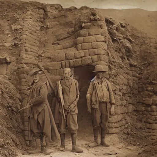 Prompt: a detailed photorealistic sepia - toned photo from 1 9 1 7, three clean - shaven british soldiers standing with two bedouin traders, at an archaeological dig site, ultra realistic, painted, intricate details, lovecraft, atmospheric, dark, horror, brooding, highly detailed, by clyde caldwell