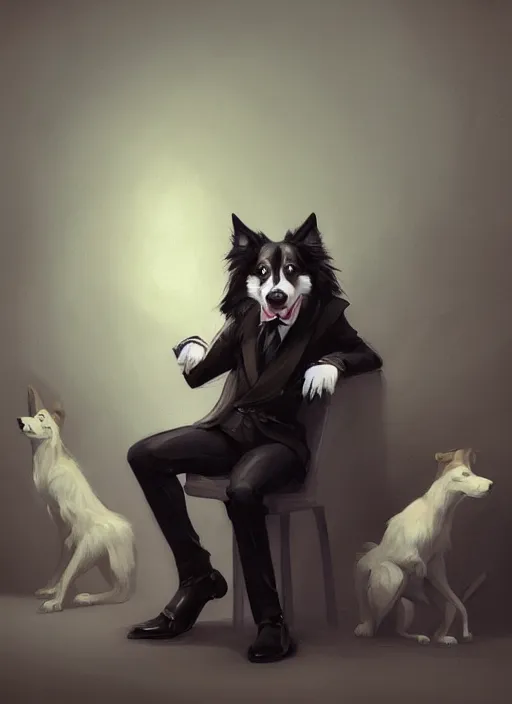 Image similar to wide angle beautiful full body portrait of a strong male anthropomorphic anthro border collie fursona in a suit sitting in a parlor room, character design by charlie bowater, henry asencio, and ross tran, disney, detailed, sharp focus, matte, aesthetic, trending on artstation, furaffinity, deviantart