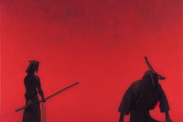 Image similar to only with red, a red samurai harakiri, tokio, a lot of frogs watch, in the style of beksinski, parts by edward hopper, parts by rodcenko, parts by yue minjun, intricate and epic composition, red by caravaggio, insanely quality, highly detailed, masterpiece, red light, artstation, 4 k