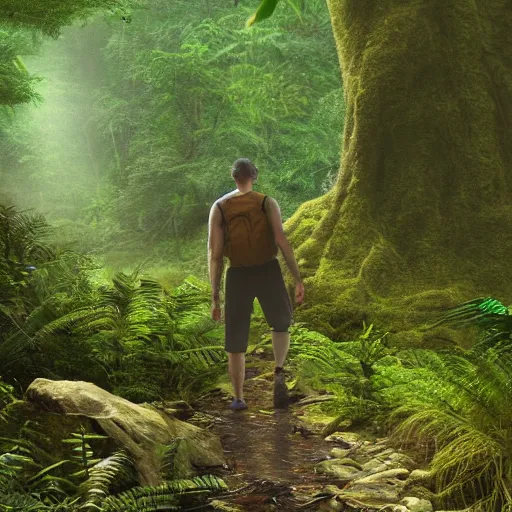 Prompt: realistic photo of man wandering through a rainforest, artstation, detailed, 8k