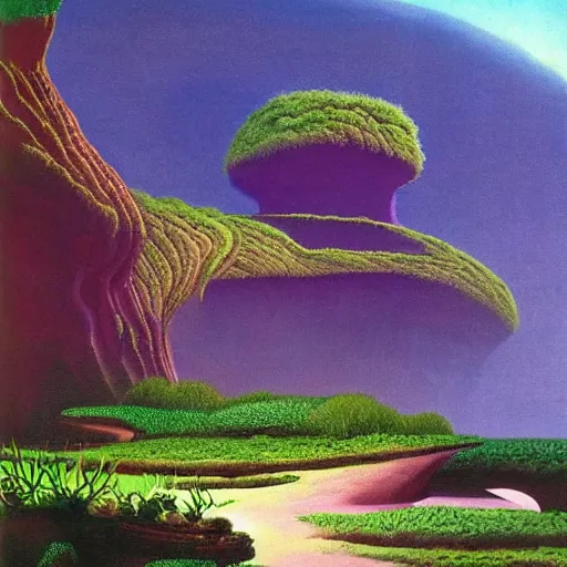 Prompt: painting of a lush natural scene on an alien planet by roger dean. beautiful landscape. weird vegetation. cliffs and water.