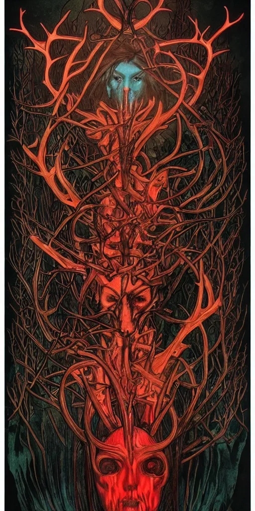 Image similar to intense glowing black metal pagan god with antlers and blood and intense glowing eyes with a bull skull in very dark forest by giger and alphonse mucha, portrait, fantasy, clear, red and teal and shining gold, light beams, lens flare, intense, uhd, amazing depth, cinematic lighting