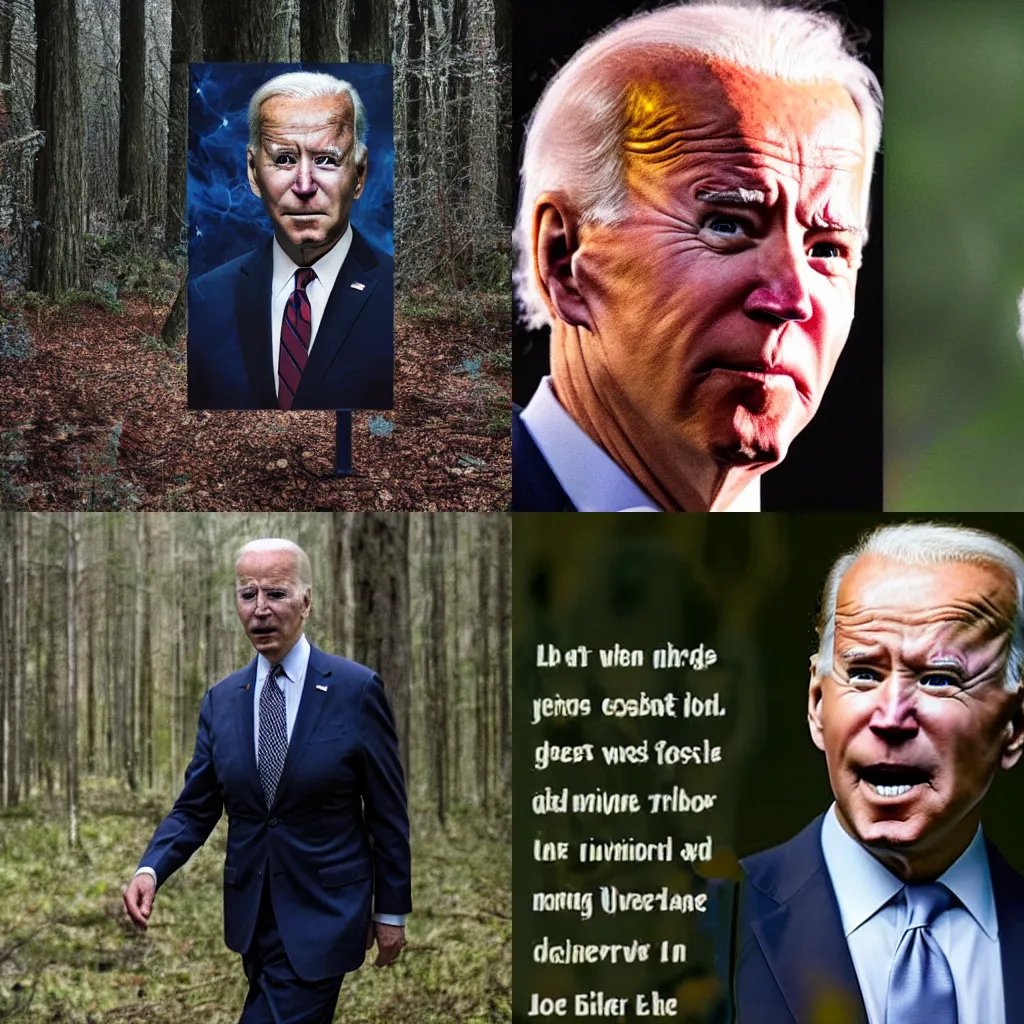 Prompt: horror joe biden lost in the forbidden forest