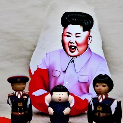 Prompt: screaming kim jong un doll having a lovely picnic with bts boy band dolls