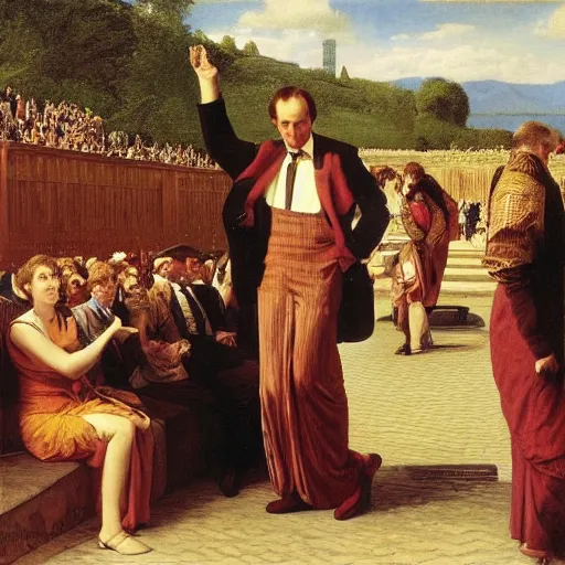 Image similar to saul goodman posing confidently before a crowd of cheering fans, award winning painting by edward poynter