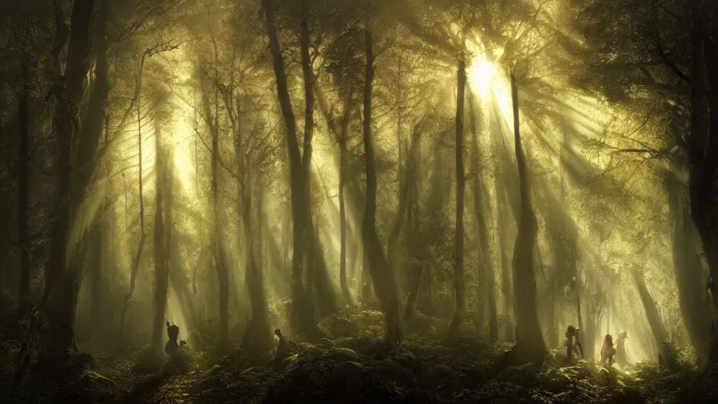 Prompt: a sunlit spot in the dark forest. andreas achenbach, artgerm, mikko lagerstedt, zack snyder, tokujin yoshioka