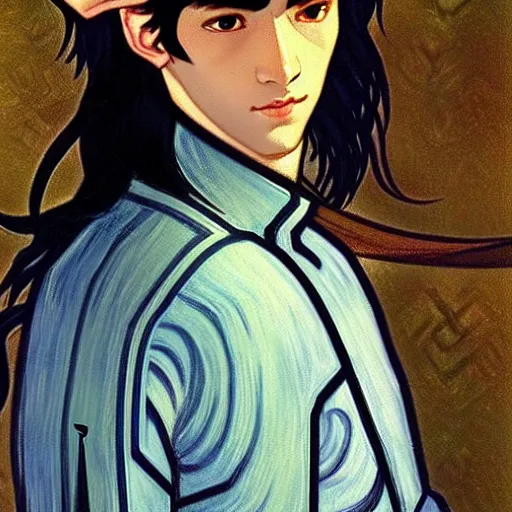 Image similar to portrait painting of young handsome beautiful paladin elf!! man with long! wavy dark hair in his 2 0 s named taehyung minjun james at the blueberry party, wearing armor!, gorgeous hair, elf ears, blueish eyes, icy eyes, elegant, cute, delicate, soft facial features, art by alphonse mucha, vincent van gogh, egon schiele,