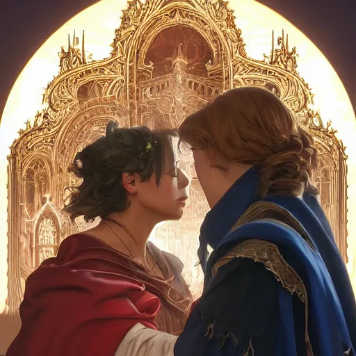 Image similar to an beautiful and detailed matte painting of a lesbian wedding between evil pyromancer and a red mage, unholy union, white church background, god rays, sharp focus, highly detailed, cinematic lighting, studio quality, colorful, smooth render, vector illustration, award winning, by artgerm, greg rutkowski, alphonse mucha