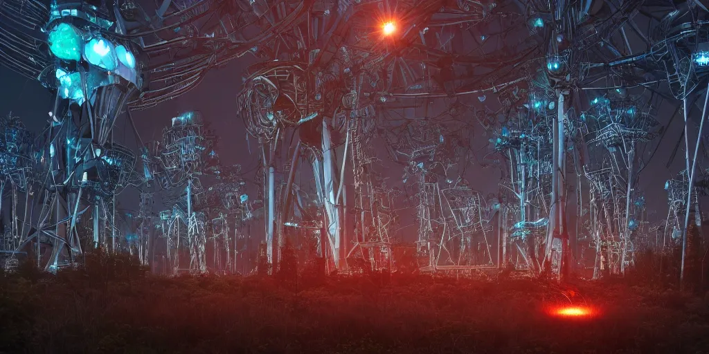 Prompt: giant glowing mechanical machine towering over alien forest, at night, ray tracing, refractive, award winning, trending on artstation, digital art. highly detailed 8 k. intricate. lifelike. soft light. nikon d 8 5 0.