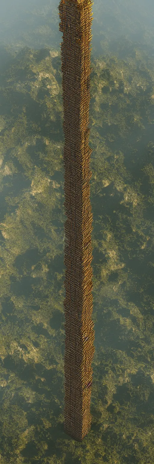 Image similar to photo of vertical golden tower, stacked ancient village, arid mountains and lush palm forest, photo realism, sharp focus, octane