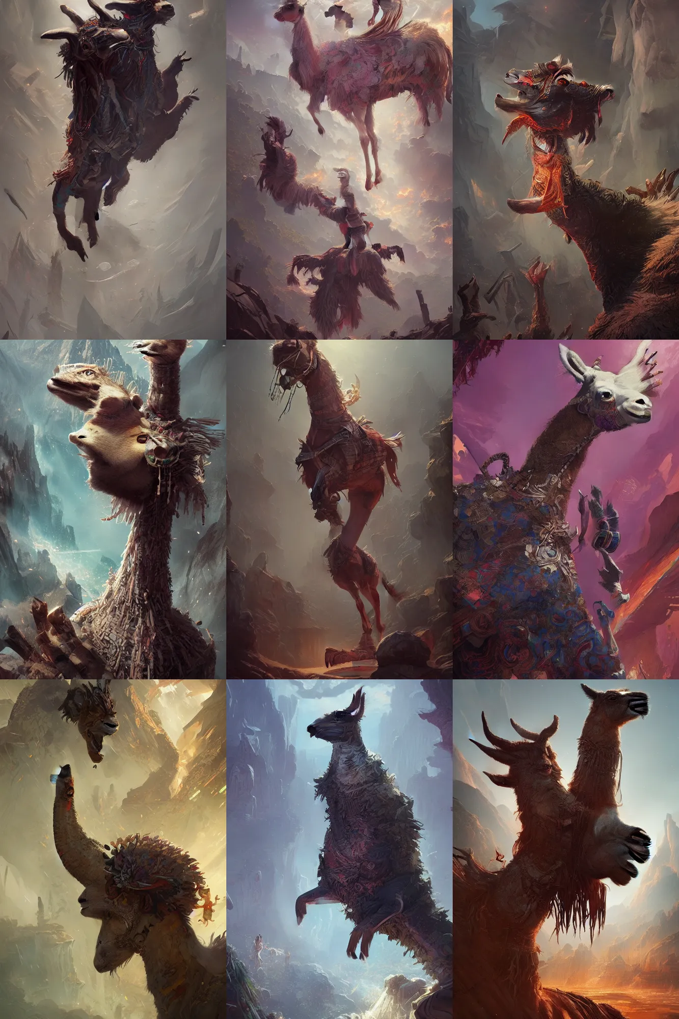 Prompt: Hyperdetailed masterpiece concept art of dancing Llama magician of the Mayans hyperdetailed concept art by Greg Rutkowski and Ross Tran, high quality DnD illustration, trending on ArtStation, all rights reserved Wizards of the Coast.