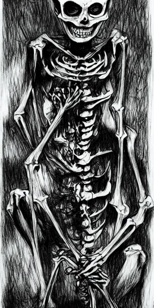 Prompt: A skeleton, horror, creepy, dark, manga, pencil, inspired by junji ito, superior quality, masterpiece, green