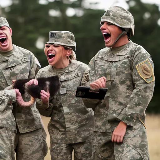 Image similar to a group of fox animals dressed in modern american military soldier uniforms, laughing at a computer, 8 5 mm f / 1. 4