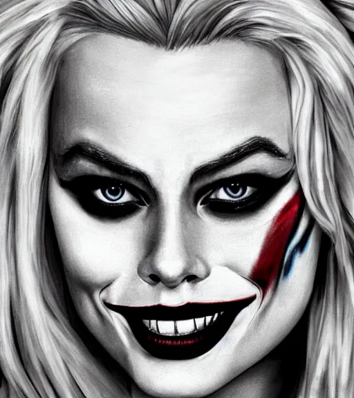 Image similar to a realism drawing of beautiful margot robbie as harley quinn portrait with joker makeup, in the style of den yakovlev, realistic face, black and white, realism, hyper realistic, highly detailed