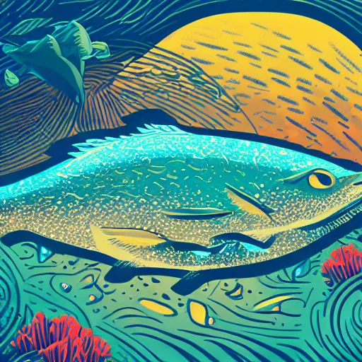 Prompt: a single fish in the ocean, close - up, seaweed, sparkles, neon, tinseltown, artstation, intricate, highly detailed, digital painting, concept art, sharp focus, illustration by tom whalen and charles williams and kilian eng and james jean
