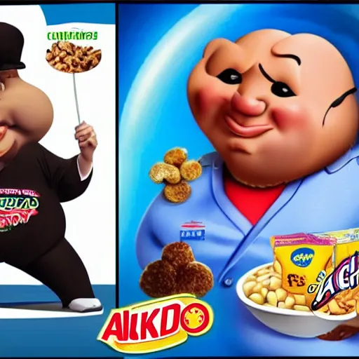 Prompt: obese steven seagal as sponsor of a sugary cereal called aikidos with cartoon rat mascot