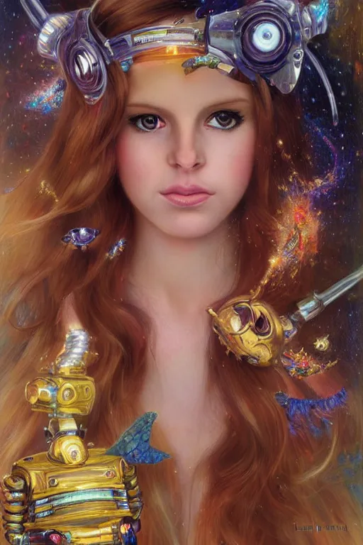 Image similar to cute shiny robot Lana Del Rey look-alike, Lilia Alvarado, Sophie Anderson, Mark Arian, Bob Byerley, Charlie Bowater, Mark Brooks, Steve Henderson, Justin Gerard, Arthur Hughes, Edward Robert Hughes, Mark Keathley, Victor Nizovtsev, Carlos Shwabe, Ross Tran, WLOP