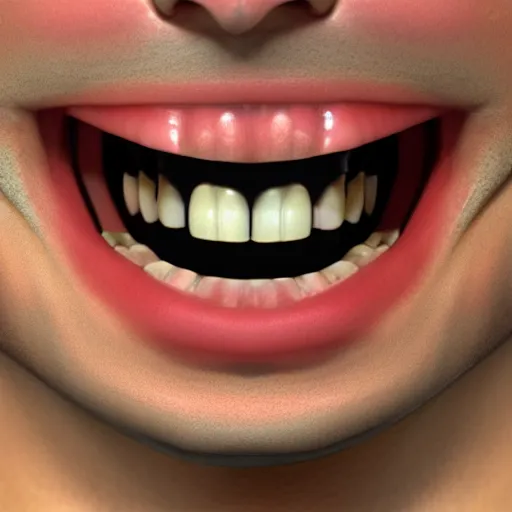 Image similar to human face closeup with extremly wide smile with sharp teeth, global illumination, 8k, extremly realistic, super detailed, sharp