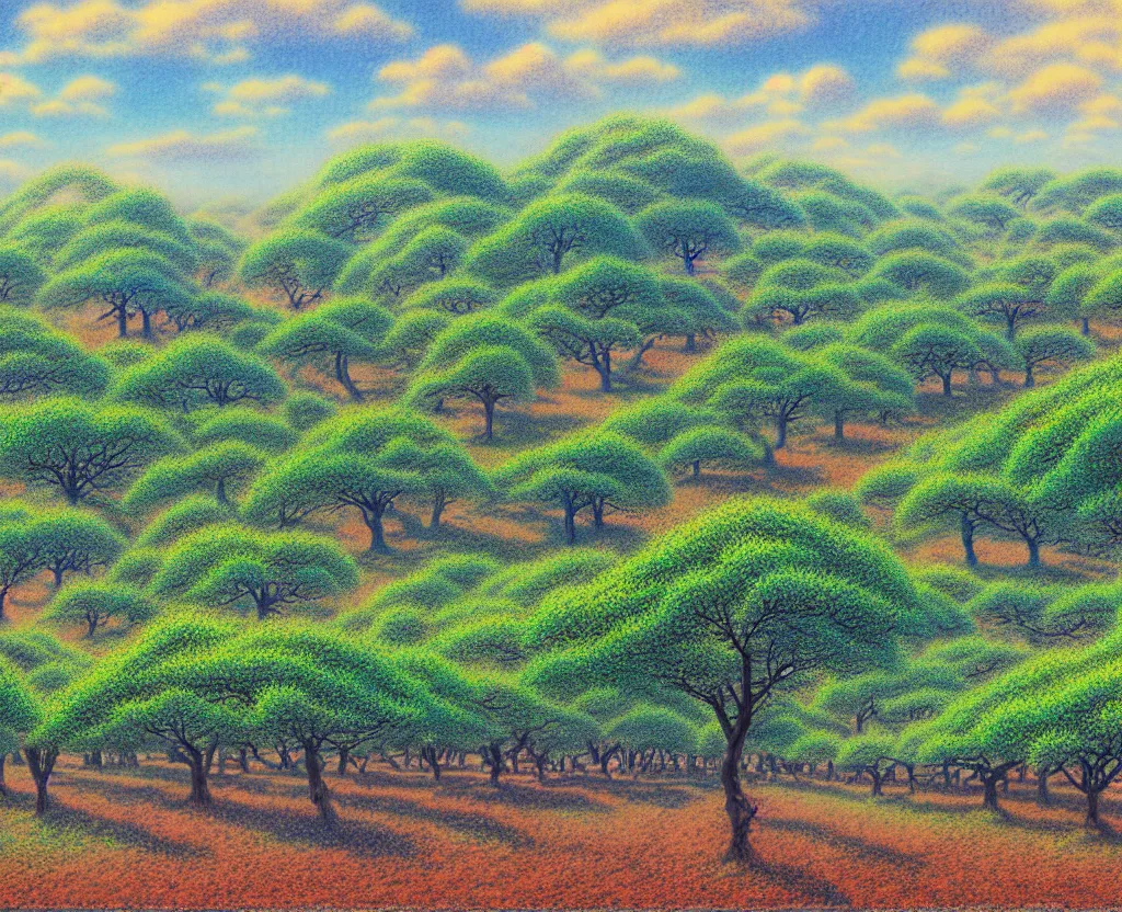 Image similar to a landscape pastel in the style of noriyoshi ohrai and mark tedin of an orchard where all the trees are made of chrome metal. key art. 4 k retrofuturistic fantasy