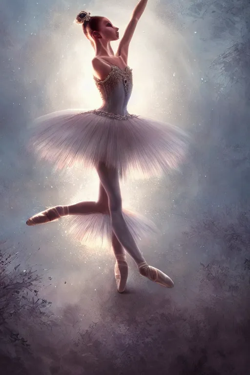 Image similar to prima ballerina, gorgeous, ethereal, intricate, elegant, volumetric lighting, nature scenery, digital painting, highly detailed, artstation, sharp focus, illustration, concept art, clive barker