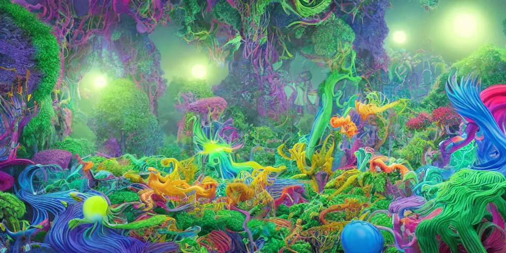 Image similar to an incredibly hyper realistic organic world of irridescent beings in the style of dr. seuss by hr. geiger, cinematic colors, behance contest winner, global illumination, radiant light, detailed and intricate environment