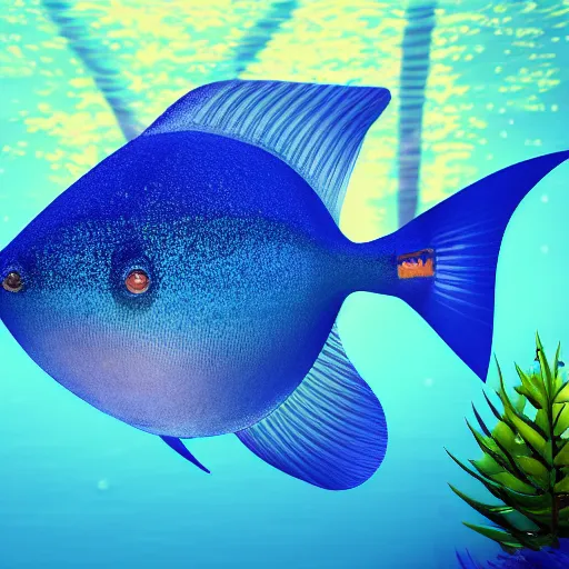 Image similar to 3D render of a cute tropical fish in an aquarium on a dark blue background, digital art