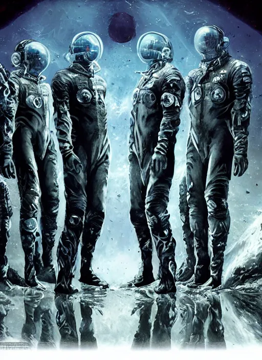 Image similar to astronauts in dark and empty void underwater poster - complex and hyperdetailed technical suit. reflection and dispersion materials. rays and dispersion of light. volumetric light. 5 0 mm, f / 3 2. noise film photo. flash photography. ultra realistic, wide angle. poster by wayne barlowe, hajime sorayama aaron horkey, craig mullins